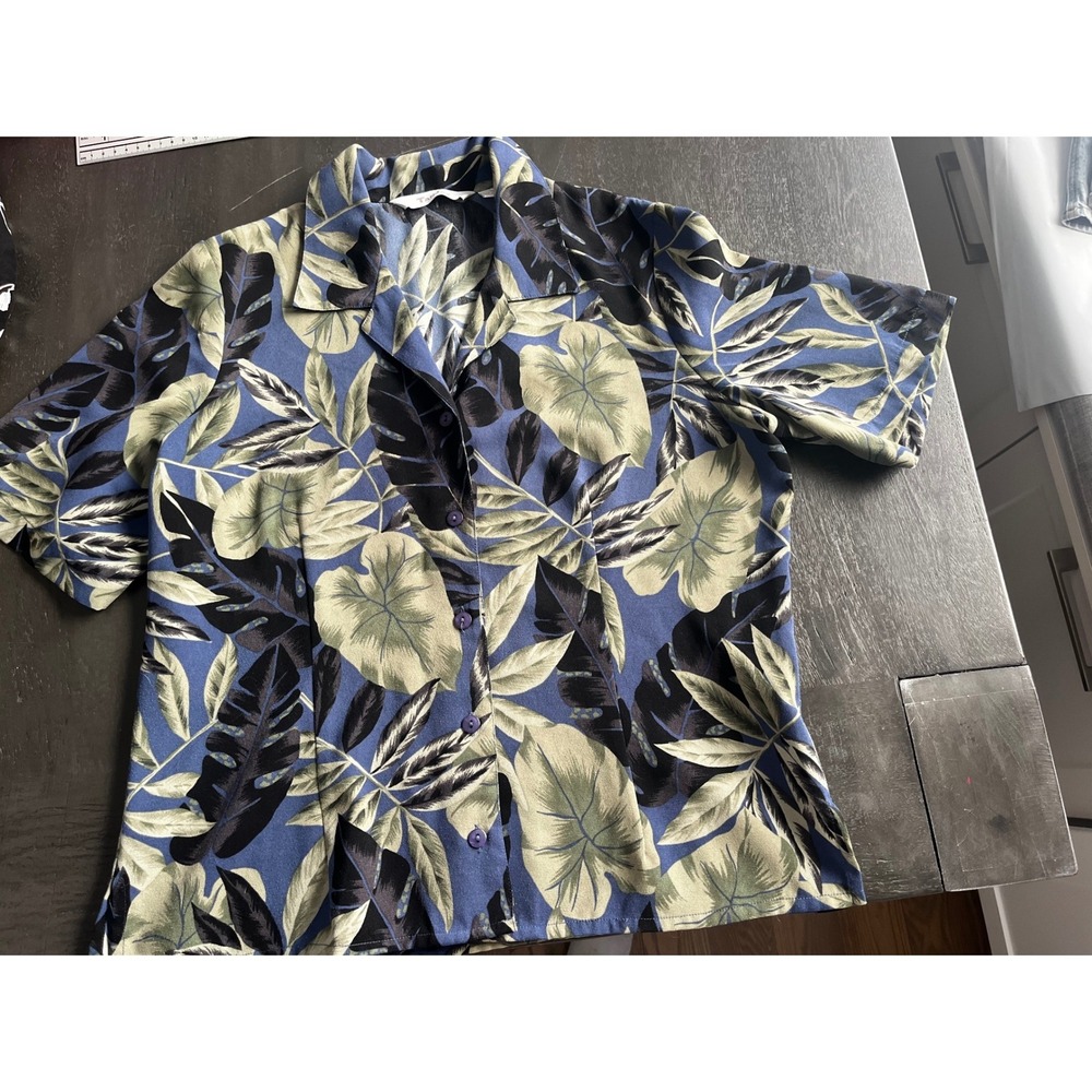 TanJay Womens Short Sleeve Tropical Leaf Print Button Up Shirt Blue Green SZ 10